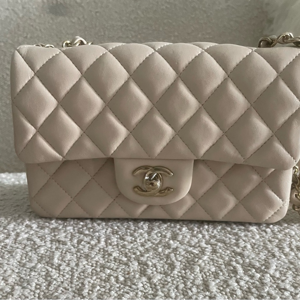 CHANEL Women's Quilted Lambskin mini Classic Double Flap Leather beige